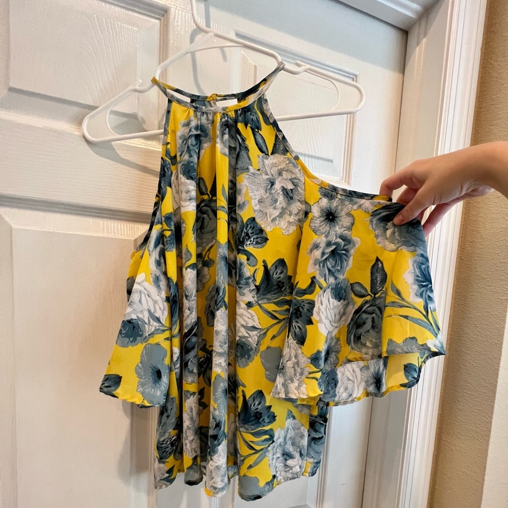 Yellow and Blue Floral Cold Shoulder Blouse, Japna Small